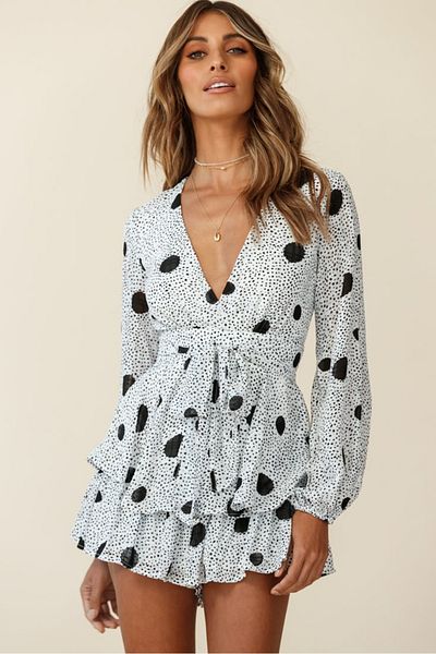 FASHION COCKTAIL Aspect rochie Curea Decolteu în V Vară Pantaloni scurți din șifon de la malul mării Salopetă Buline Alb