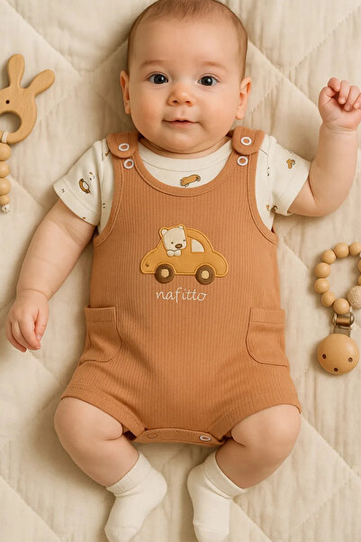 NAFİTTO Yazlık Araba Nakışlı Erkek Bebek Tulum Seti - 3’lü Kıyafet Kombini (t...