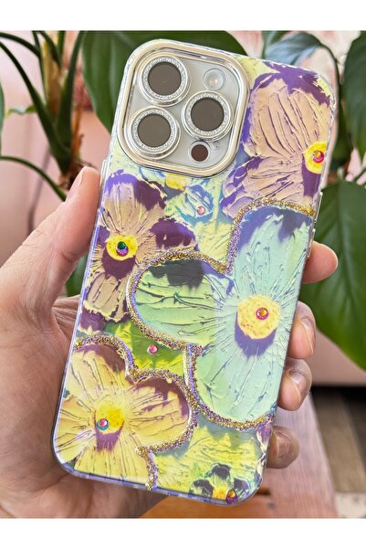 Fibaks iPhone 16 Pro Max Case Color Changing Stone Camera Lens Protection Blue Flower Pattern Shock Absorbing