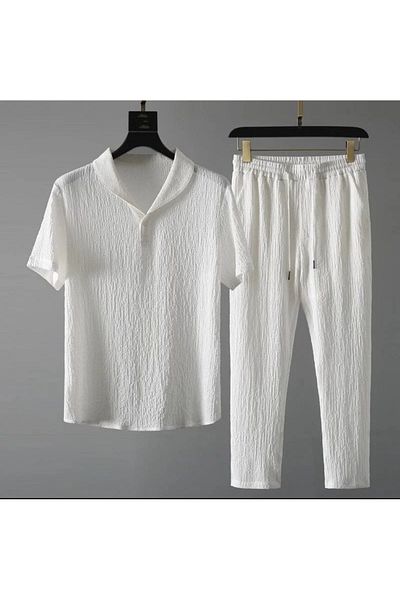 DWN WEAR قماش ليكرا مجعد صيفي للجنسين - طقم تي شيرت بأكمام قصيرة وسروال رياضي