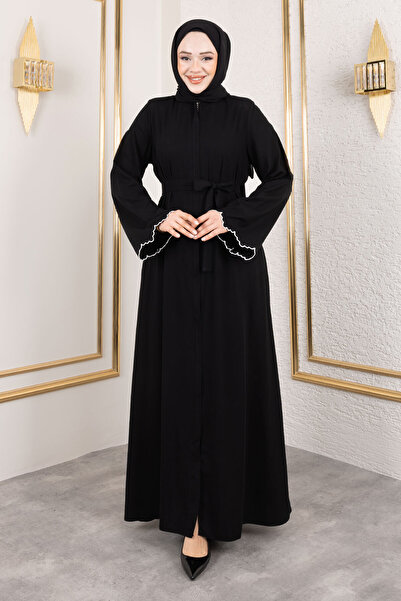 Tesettür Dünyası Бродирана детайлна абая с краища на ръкавите Tsd250109 Черна
