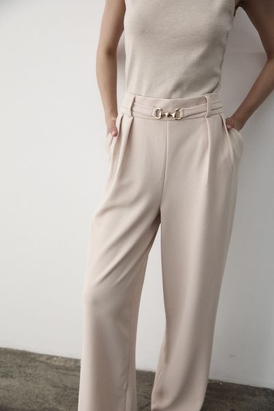 JASTE Women's Natural Lycra Buckle Belt Detailed Elastic Palazzo Trousers
