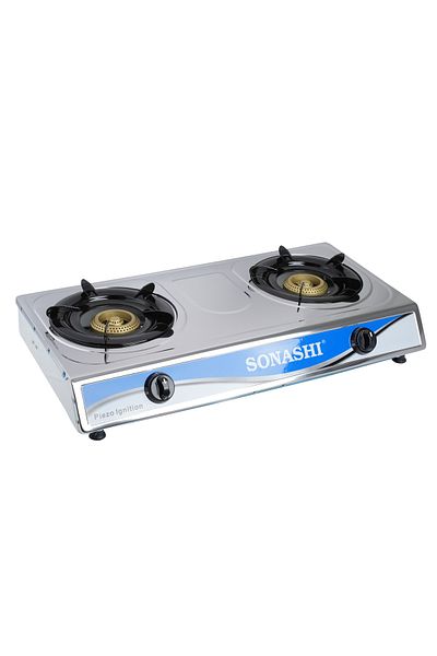sonashi Double Burner Gas Stove - Durable Stainless Steel Body with Piezo Ignition System | LPG with Low Gas