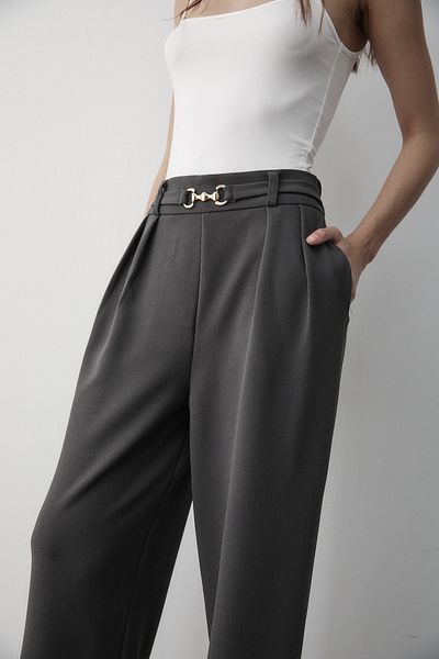 JASTE Women's Gray Lycra Buckle Belt Detailed Elastic Palazzo Trousers