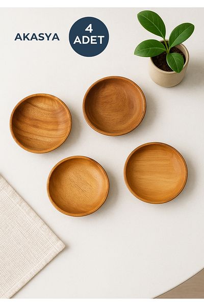 HOMİNG Homing Acacia Wood Snack Bowl 4 Pieces 12Cmx12Cmx3.5Cm