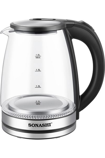 sonashi 1.8 L Cordless Kettle - Glass Kettle with Safety Lock Lid | 360-degree Swivel Base - Auto Shutdown,