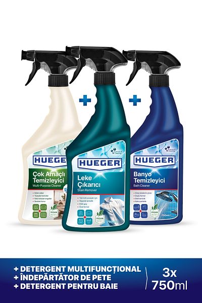 Hueger Soluție multifuncțională de curățat suprafețe, spray pentru îndepărtarea petelor și soluție de curățat baie, set de 3 bucăți, 750 ml