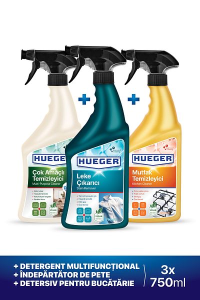 Hueger Soluție multifuncțională de curățat suprafețe, spray pentru îndepărtarea petelor și soluție de curățat bucătărie, set de 3 bucăți, 750 ml