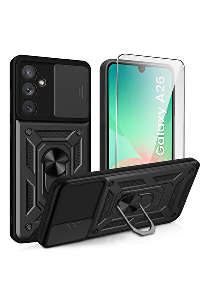 Samsung Galaxy A26 Case Camera Ring Shock Absorbing Armored Protective Tank Cover with Sliding Stand