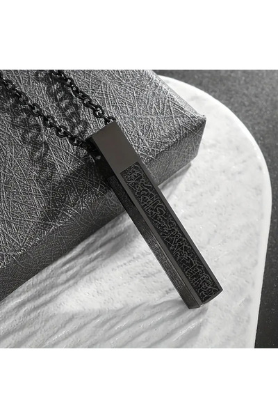 KT AKSESUAR Ayetel Kursi Written Necklace Stainless Steel Rectangular Black Color