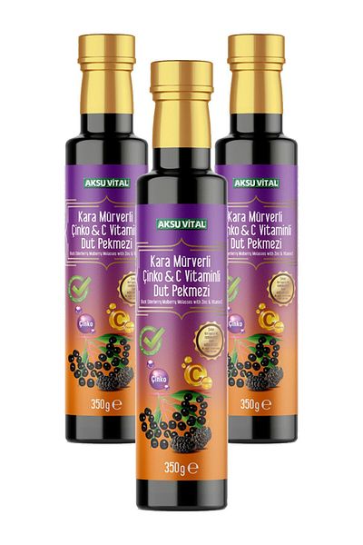 Aksu Vital 350 Gr Black Elderberry - 3 Boxes of Black Elderberry, Zinc Vitamin C Mulberry Molasses