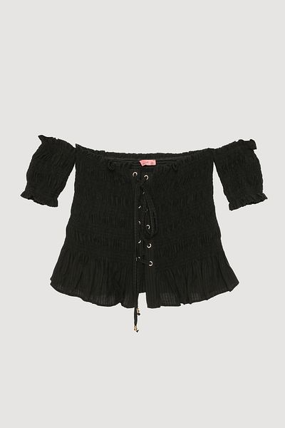 Quzu Bird Eye Tie Off Shoulder Blouse Black