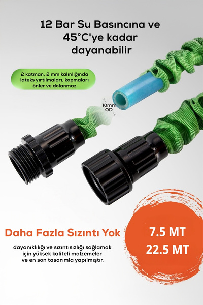 ALFAGİFT 3 Kat Uzayan 7.5 Metre- 22.5 Metre Bahçe Sulama Hortumu-7 Fonksiyonlu Sprey Başlık Seti