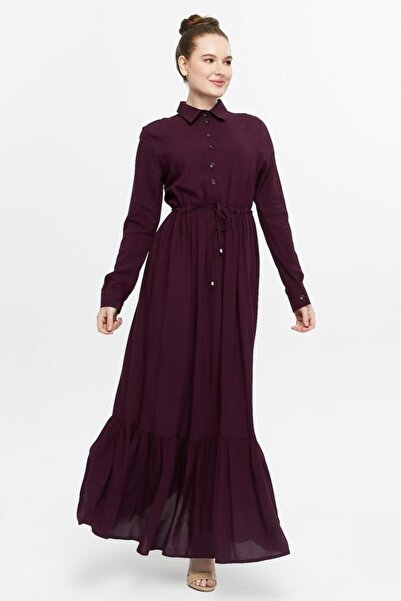 Jamila Düğmeli Büzgülü Kadın Tesettür Elbise