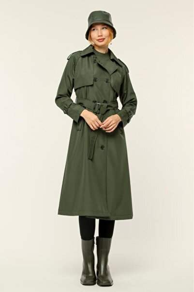 Jamila Çift Cepkenli Mevsimlik Bondit Kumaş uzun Kadın Trençkot