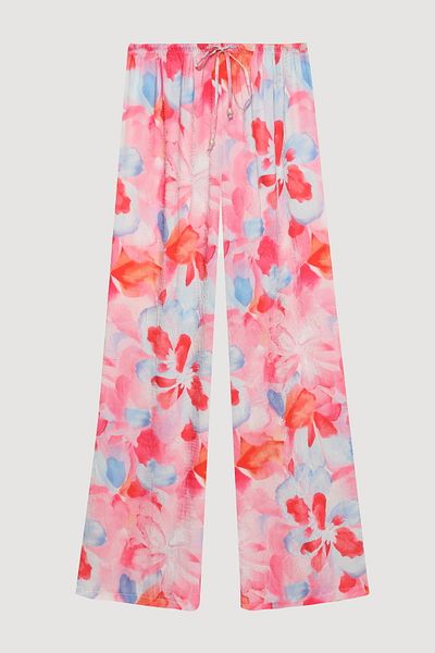 Quzu Floral Patterned Wide Leg Trousers Pink