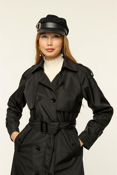 Jamila Double Pocket Seasonal Bondit Fabric Long Women's Trench Coat
