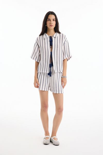Quzu Elastic Waist Pinstripe Shorts Ecru