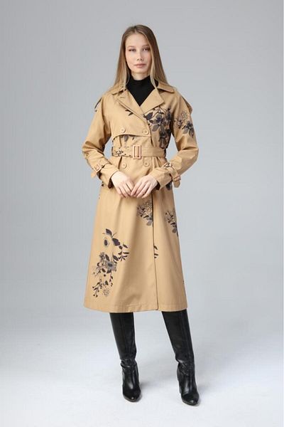 Jamila Floral Patterned Lined Long Women's Trench Coat