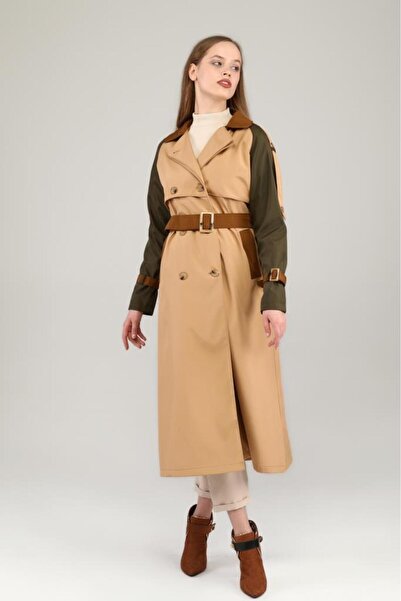 Jamila Üç Renkli Uzun Mevsimlik Astarlı Trençkot/kap