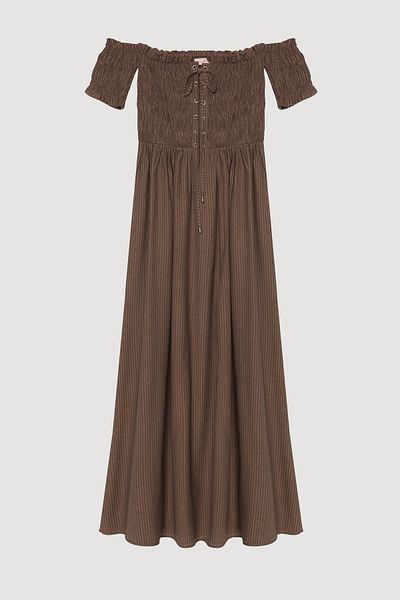 Quzu Bird Eye Tie-Up Off-Shoulder Dress Brown