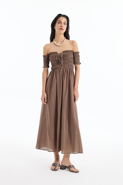 Quzu Bird Eye Tie-Up Off-Shoulder Dress Brown