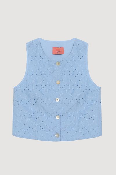 Quzu Scalloped Buttoned Sleeveless Vest Blue