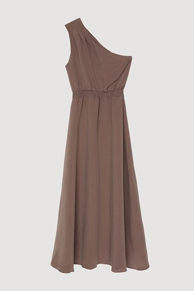 Quzu Elastic Waist One Shoulder Midi Dress Brown