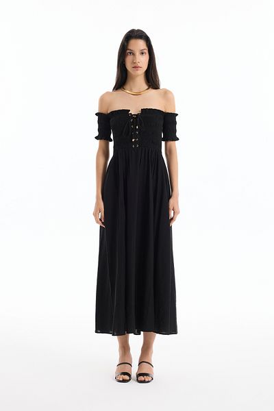Quzu Bird Eye Tie-Up Off-Shoulder Dress Black