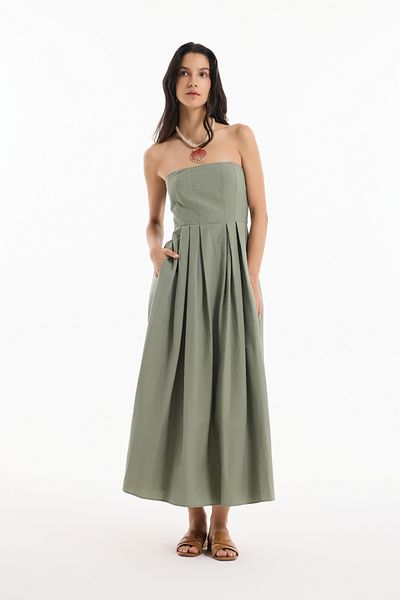 Quzu Strapless Pleat Detailed Long Dress Khaki
