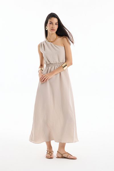 Quzu Elastic Waist One Shoulder Midi Dress Stone