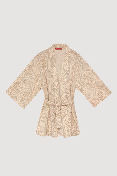 Quzu Ethnic Patterned Tied Short Kimono Natural