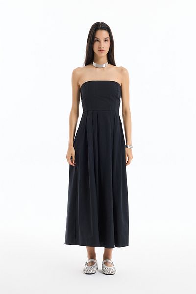 Quzu Strapless Pleat Detailed Long Dress Black