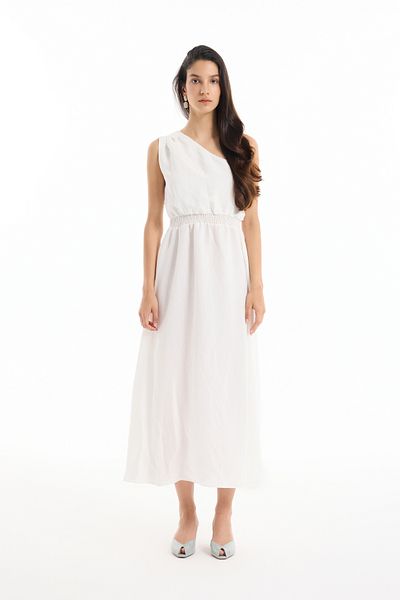 Quzu Elastic Waist One Shoulder Midi Dress Ecru