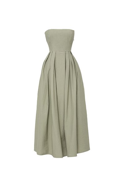 Quzu Strapless Pleat Detailed Long Dress Khaki