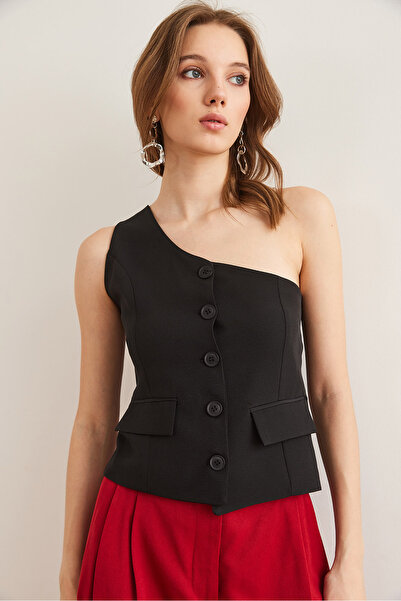 Olalook Γυναικείο μαύρο μονό ώμο Flannel Pocket Premium διπλό γιλέκο YLK- 19000059