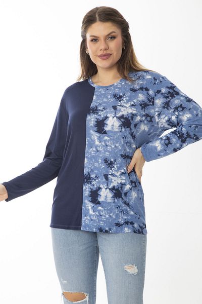 Şans Women's Large Size Navy Blue Crew Neck Patterned Blouse 65N37027