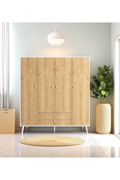 FLORADESİGN Riva Elbise Dolabı 4 Kapaklı Çekmeceli Dolap Gardırop /meşe / Beyaz