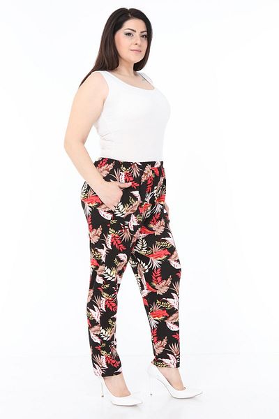 modayız Black Patterned Flexible Plus Size Trousers 19d-0991