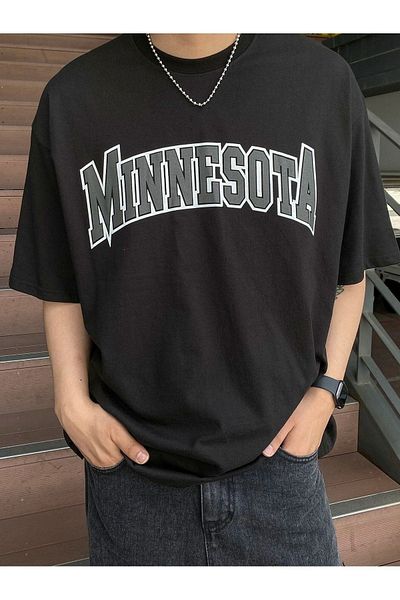 VBSVİBES Unisex Black Oversize Minnesota Printed Knitted T-shirt