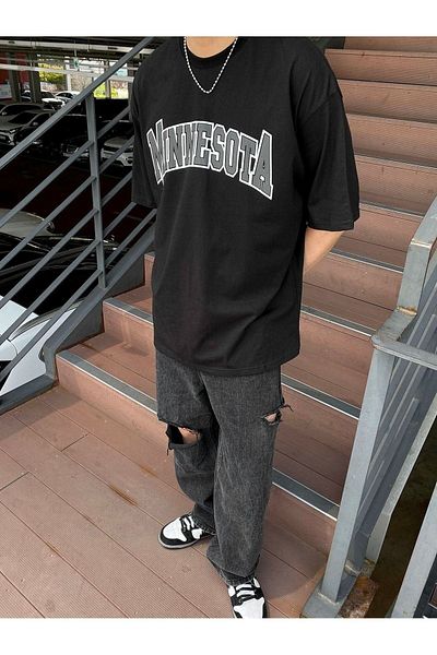 VBSVİBES Unisex Black Oversize Minnesota Printed Knitted T-shirt