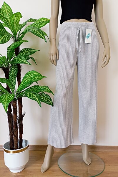 VİP BERA TEKSTİL Kadın Fitilli Çizgili Penye Raporlu Pamuklu Bol Paça Pantolon