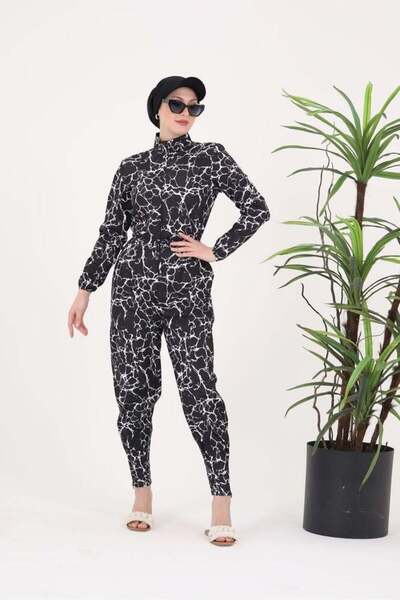 NS Tasarım Tesettür Mayo Marble Pattern Design Hijab Parachute Fabric Jumpsui...