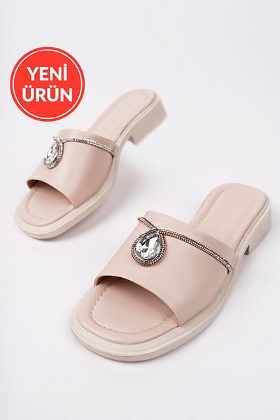 MARSHETTA Zaffira Model Silver Chain and Sapphire Stone Detailed Daily Beige Women's Slippers