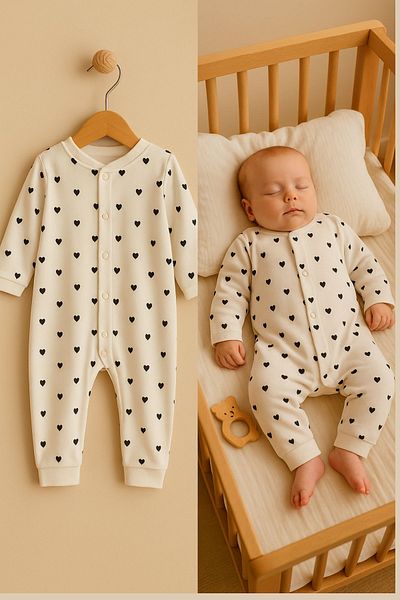 Minytrendy Baby Girl Boy Newborn Jumpsuit Heart Patterned Flexible Snap Jumpsuit Hospital Release Baby Gift