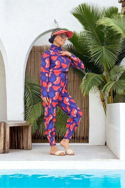 NS Tasarım Tesettür Mayo Heart Pattern Design Hijab Parachute Fabric Jumpsuit Swimsuit