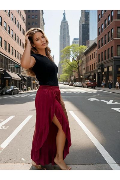 Pasaklı Giyim Women's Burgundy Authentic Elastic Waist Slit Loose Shalwar Skirt Bohemian Trousers 3635280