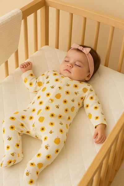Minytrendy Girl Boy Baby Newborn Jumpsuit Bee Patterned Flexible Snap Jumpsuit Hospital Release Baby Gift