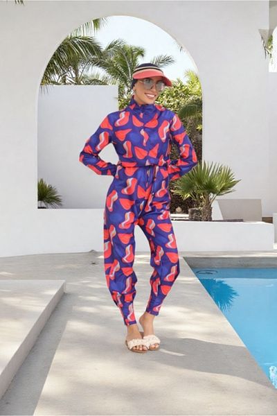 NS Tasarım Tesettür Mayo Heart Pattern Design Hijab Parachute Fabric Jumpsuit Swimsuit