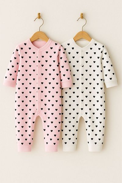 Minytrendy Set of 2 Baby Girl Newborn Jumpsuit Set Heart Patterned Stretchy Snap Jumpsuit Hospital Release Baby Gift